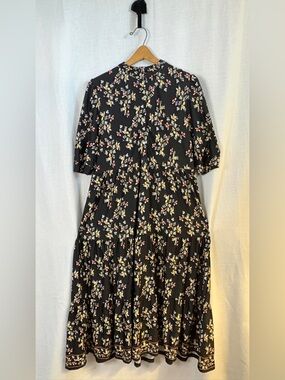 Black Botanical Tiered Maxi Dress in flattering Jersey Knit NWOT